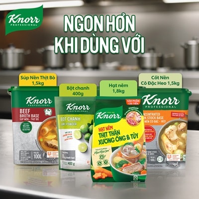 Knorr Hạt Nêm 1.8kg - Knorr Hạt Nêm Từ Thịt được làm từ thịt thăn, xương ống và tủy giúp món ăn thơm ngon, tròn vị